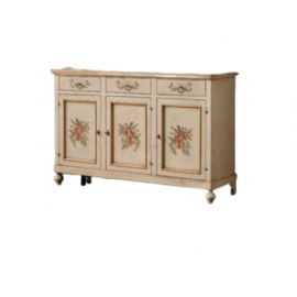CREDENZINA. 3 PORTE 3 CASSETTI. LACCATA AVORIO ANTICATO CON FILO OCRA E DECORI