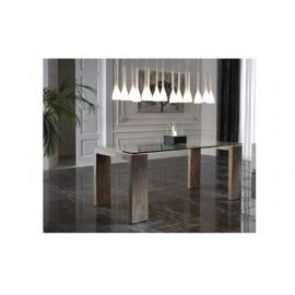 TAVOLO GAMBE IN PIETRA FOSSILE E PIANO IN CRISTALLO