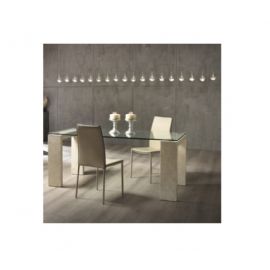 TAVOLO GAMBE IN PIETRA FOSSILE E PIANO IN CRISTALLO