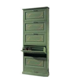 SCARPIERA 5 ANTE E UN CASSETTO LACCATA SUL VERDE CON DECORI.